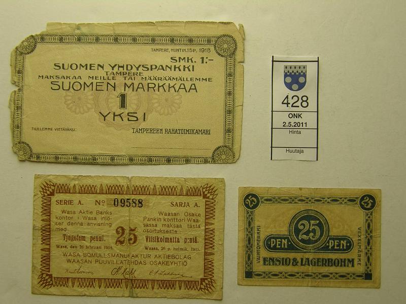 kohde_428_a.jpg - Kohde 428, lhthinta: 45 € Tilapiset maksuvlineet Er 1918- (3) Vaasan Puuvilla 25p 1918A, puutteita, Ensio Lagerbom 25p kl4, SYP vekseli 1mk, puutteita, kunto: 2-4.