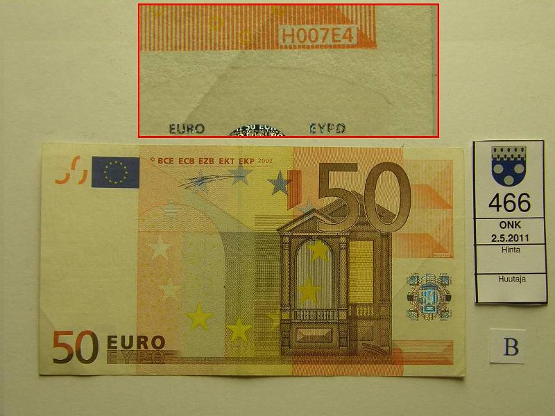 kohde_466_b.jpg - Kohde 466, etupuoli ja suurennos painolaatasta, lhthinta: 500 € 50 € 2002 Suomi L/h7 L21428025782 Dui. H007E4, kokoelmissa tunnetaan entuudestaan 2 kpl laatan H007 seteleit, kunto: 5.