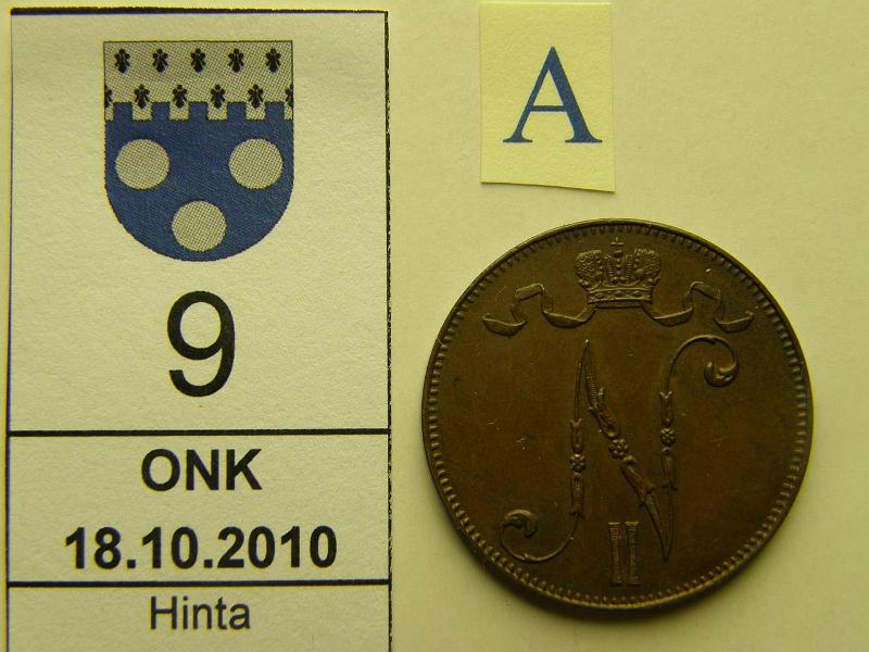 kohde_009_a.jpg - Kohde 9, tunnuspuoli, lhthinta: 15 € / myyntihinta: 23 € 5 p 1899 phpja, lhes kulumaton, tumma, kunto: 7.
