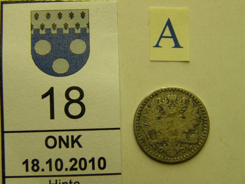 kohde_018_a.jpg - Kohde 18, tunnuspuoli, lhthinta: 30 € / myyntihinta: 58 € 25 p 1865 Ag, SNY 265.2.1, kunto: 2/3.