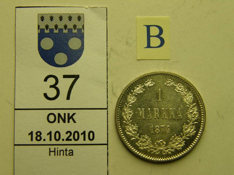 kohde_037_b.jpg - Kohde 37, arvopuoli, lhthinta: 400 € / myyntihinta: 400 € 1 mk 1874 Ag, kaunis!, kunto: 9/8.