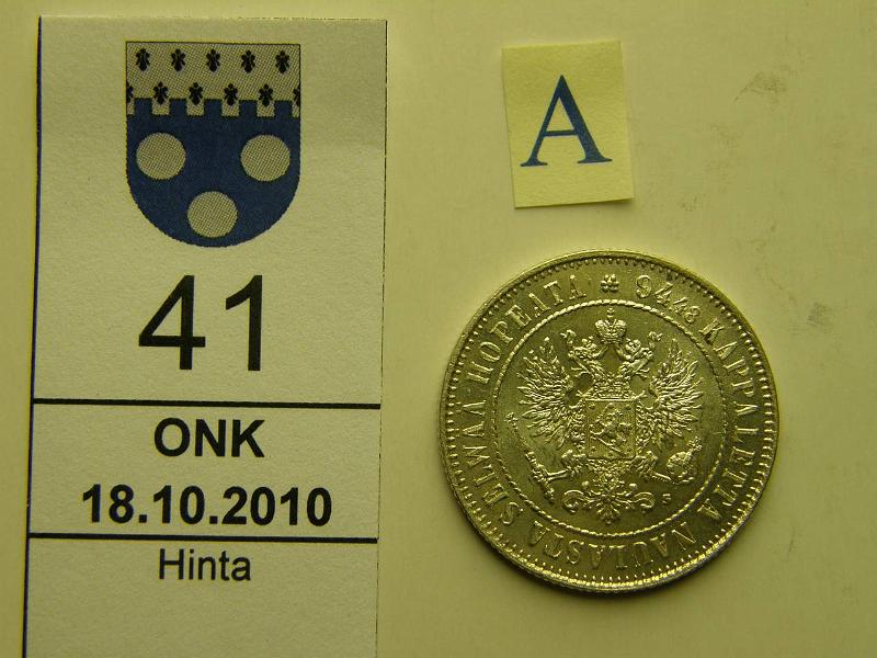 kohde_041_a.jpg - Kohde 41, tunnuspuoli, lhthinta: 10 € / myyntihinta: 24 € 1 mk 1915 Ag, ephpj, hnja, kunto: 9.