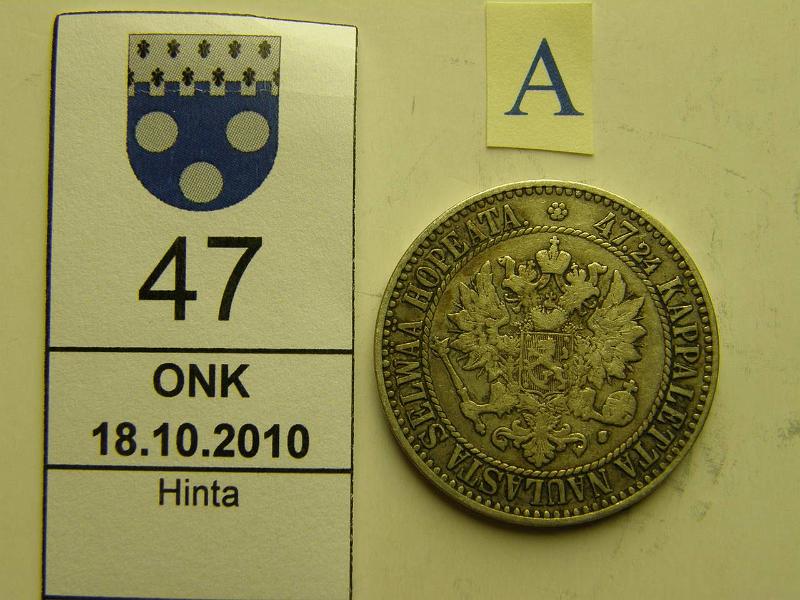 kohde_047_a.jpg - Kohde 47, tunnuspuoli, lhthinta: 15 € / myyntihinta: 34 € 2 mk 1865 Ag, SNY 293.1, prv, kunto: 4.