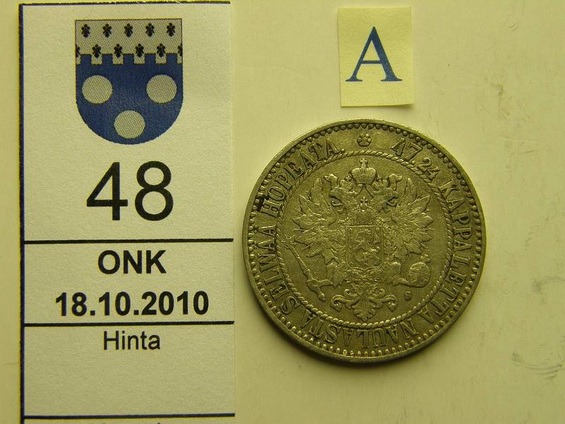 kohde_048_a.jpg - Kohde 48, tunnuspuoli, lhthinta: 20 € / myyntihinta: 29 € 2 mk 1865 Ag, SNY 293.2, prv, kunto: 4.