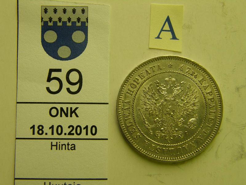 kohde_059_a.jpg - Kohde 59, tunnuspuoli, lhthinta: 50 € / myyntihinta: 64 € 2 mk 1906 Ag, SNY 500.2, hnja, kaunis!, kunto: 8.