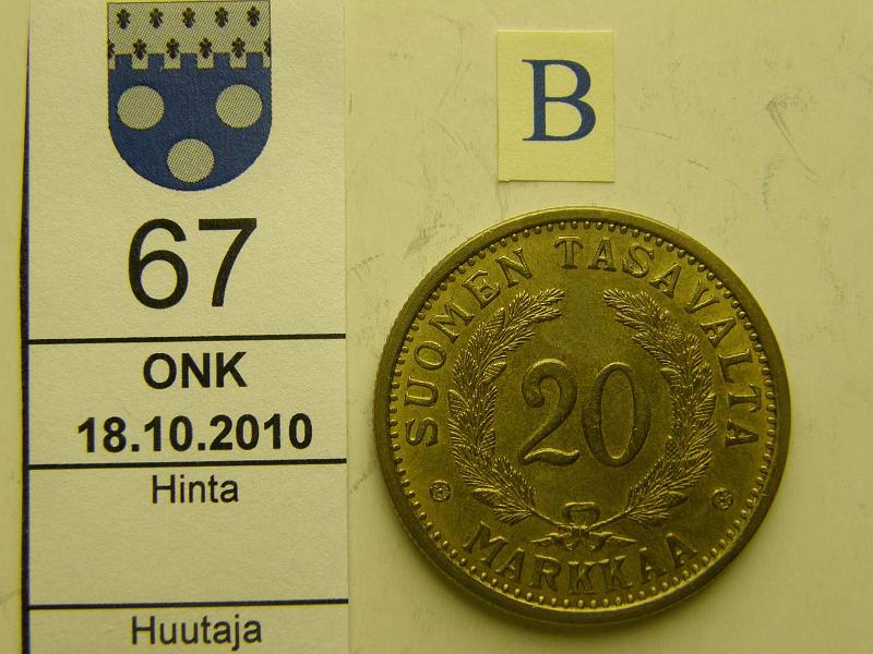 kohde_067_b.jpg - Kohde 67, arvopuoli, lhthinta: 15 € / myyntihinta: 20 € 20 mk 1935, kunto: 7.