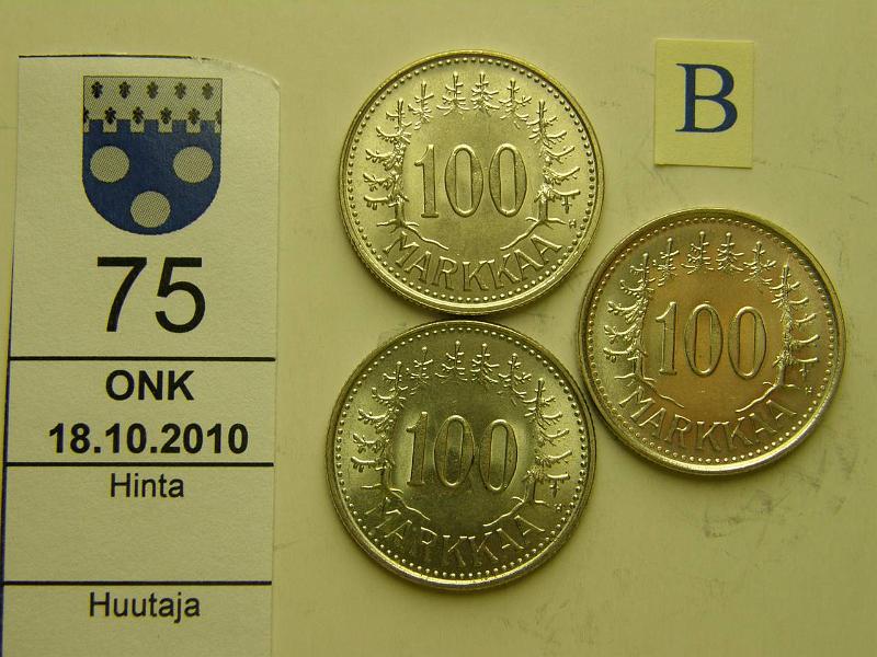 kohde_075_b.jpg - Kohde 75, arvopuoli, lhthinta: 8 € / myyntihinta: 18 € 100 mk Er (3) Ag, 1956, -57, -58, kunto: 8-9.