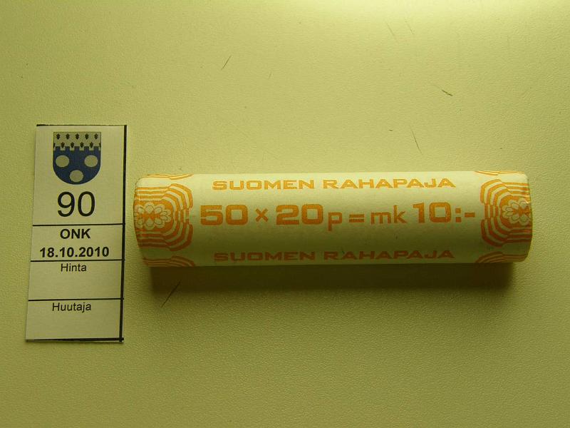 kohde_090_a.jpg - Kohde 90, lhthinta: 10 € 20 p 1990 Rahapajan rulla 50 x 20p = 10mk, kruunu/klaava, mustek. merkint, kunto: 9.
