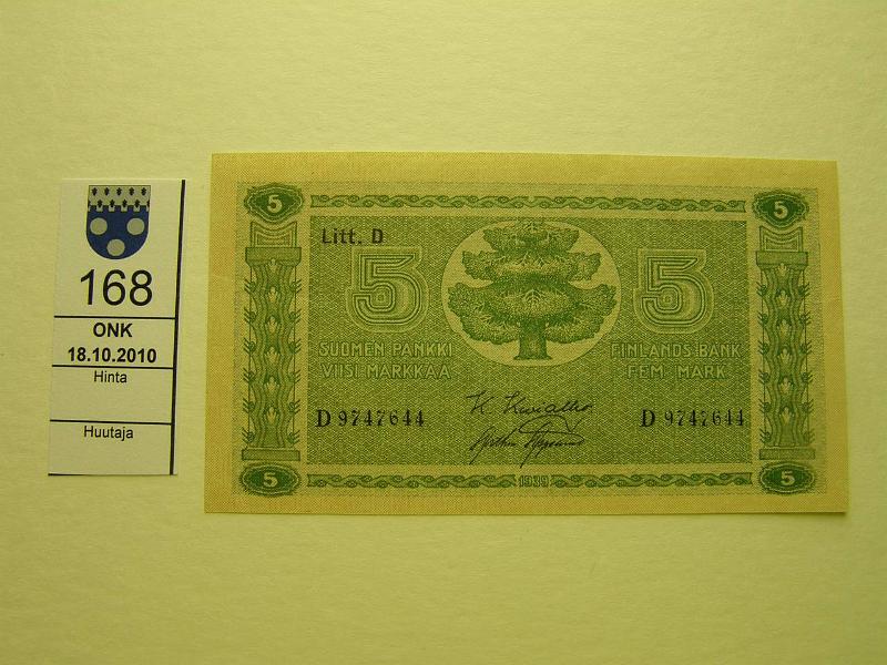 kohde_168_a.jpg - Kohde 168, lhthinta: 10 € 5 mk 1939 LD SNY 133.1, D9747644 KIV-AAs, vl 1, kunto: 7.