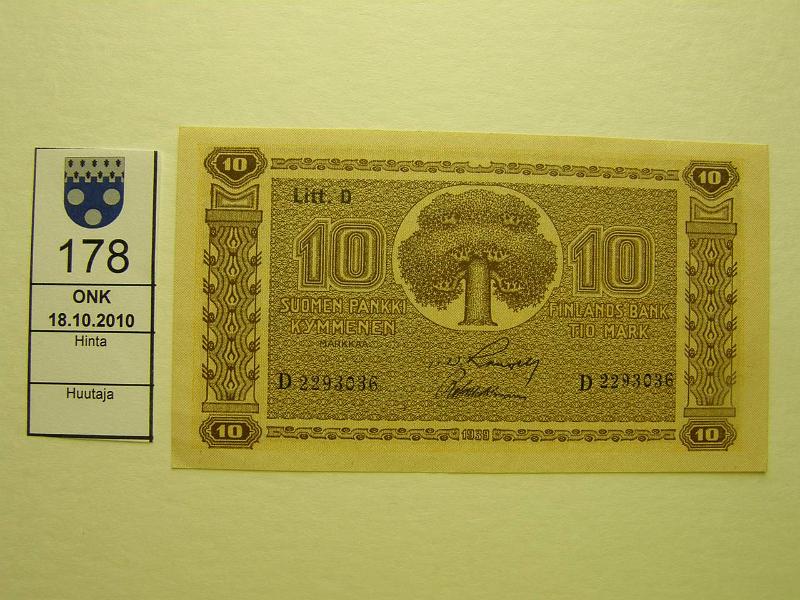 kohde_178_a.jpg - Kohde 178, lhthinta: 20 € / myyntihinta: 20 € 10 mk 1939 LD SNY 144.4, D2293036 RAN-Wah, vl 2, kk II, ainoastaan hyvin kapea kulmataitos, kunto: 9.