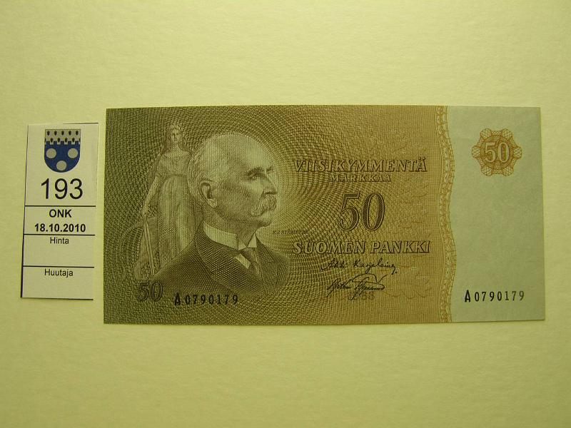 kohde_193_a.jpg - Kohde 193, lhthinta: 100 € 50 mk 1963 SNY 170.1, A0790179 KA I-Aas, harvinaisempi allekirjoituspari, kunto: 7.
