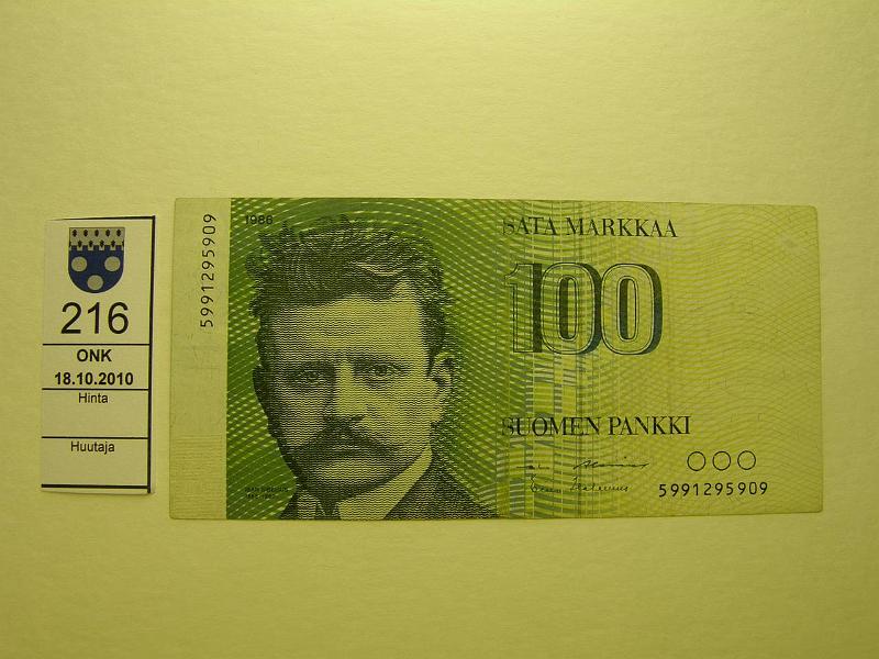 kohde_216_a.jpg - Kohde 216, lhthinta: 30 € / myyntihinta: 40 € 100 mk 1986 SNY 185.2, 5991295909, ALA-Hes, silitetty?, korvaava, kunto: 5.