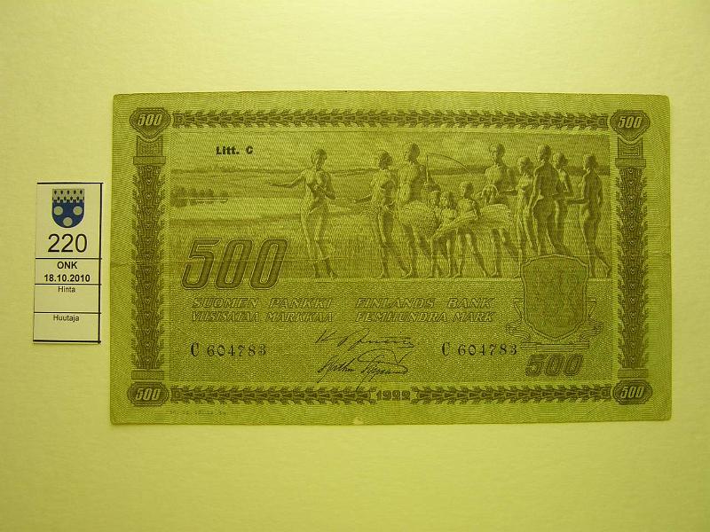 kohde_220_a.jpg - Kohde 220, lhthinta: 120 € 500 mk 1922 LC SNY 189.4, C604783 JUT-AAs, tyyppi I, 2x1cm taiterep, ep.keskireik, kunto: 3.