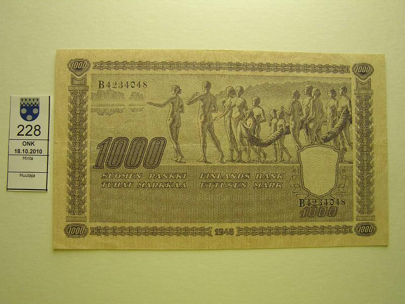 kohde_228_a.jpg - Kohde 228, lhthinta: 680 € 1000 mk 1945 SNY 199.2, B4234048, ilman litt. (tyyppi LB), ilman allekirjoituksia, vas 1mm taiterep, kunto: 5.