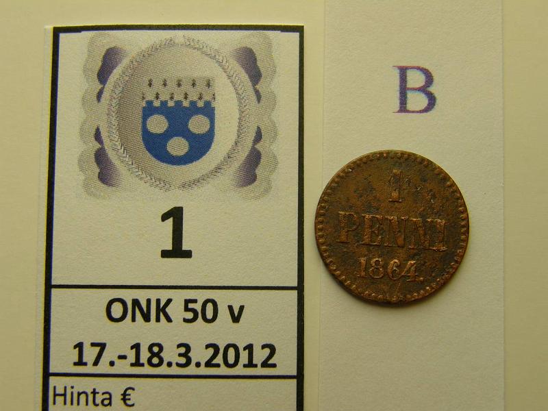 k-0001-b.jpg - Kohde 1 (kuva 2/2), lhthinta: 850 € / myyntihinta: 1300 € 1 p 1864 sypymi, puhd, harvinainen, kunto: 2/3