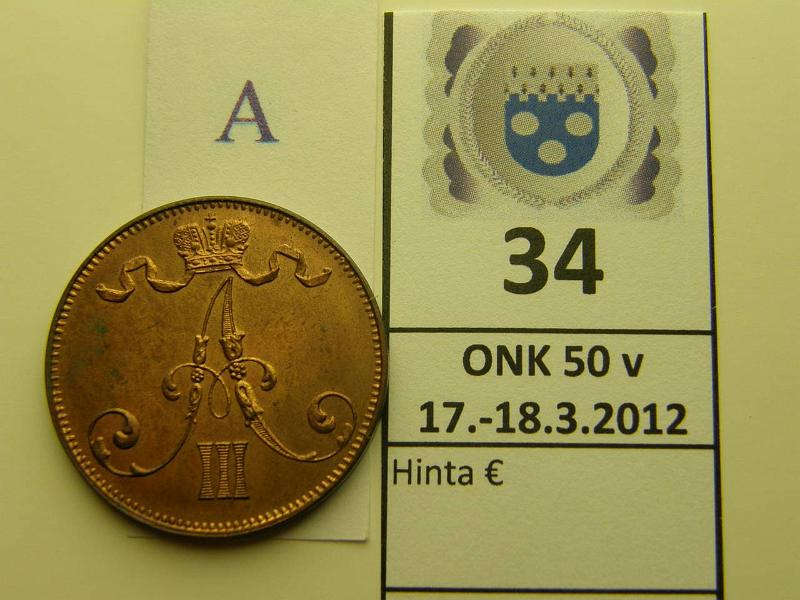 k-0034-a.jpg - Kohde 34 (kuva 1/2), lhthinta: 550 € 5 p 1889 peilipinta, hieman patinaa, arvop. juuri nkyv hiusnaarmu, loistelias!, kunto: 9