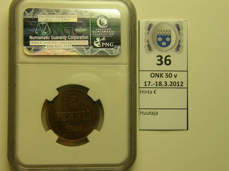 k-0036-c.jpg - Kohde 36 (kuva 3/3), l�ht�hinta: 100 &euro; 5 p 1896 kapseloitu: NGC AU 58, brown; tumma kaunis patina, h�iv�hdys leimakiiltoa, kunto: 7