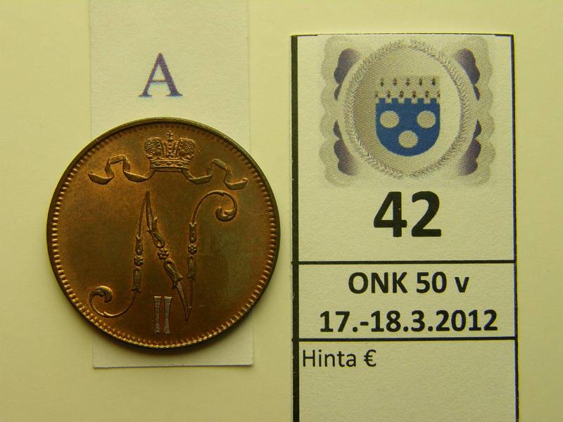 k-0042-a.jpg - Kohde 42 (kuva 1/2), l�ht�hinta: 250 &euro; / myyntihinta: 250 &euro; 5 p 1899 leimakiiltoa, ter�v� ly�nti, patinaa, kaunis!, kunto: 8