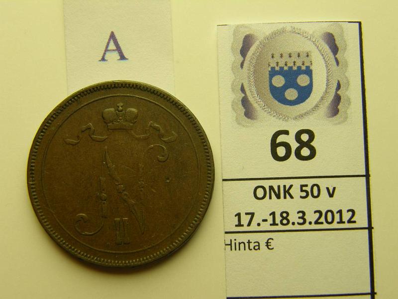 k-0068-a.jpg - Kohde 68 (kuva 1/2), l�ht�hinta: 10 &euro; / myyntihinta: 10 &euro; 10 p 1896 SNY 153.2 (9 oikaistu, 6 vinossa), kunto: 3/4