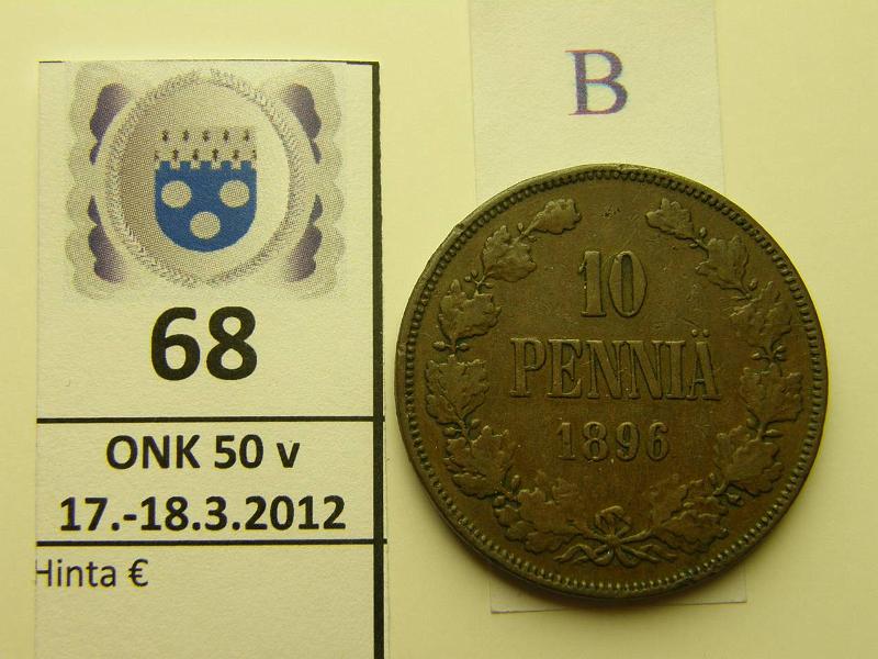 k-0068-b.jpg - Kohde 68 (kuva 2/2), l�ht�hinta: 10 &euro; / myyntihinta: 10 &euro; 10 p 1896 SNY 153.2 (9 oikaistu, 6 vinossa), kunto: 3/4