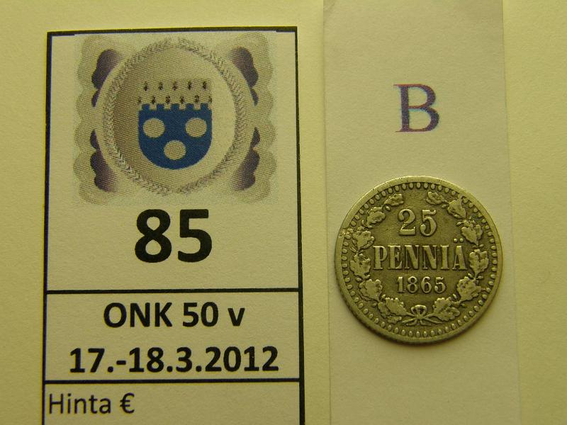 k-0085-b.jpg - Kohde 85 (kuva 2/2), lhthinta: 25 € / myyntihinta: 32 € 25 p 1865 Ag, SNY 265.2.2 pij (kieli poikki -variantti), kunto: 1/3