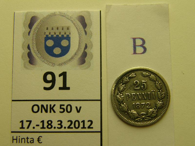 k-0091-b.jpg - Kohde 91 (kuva 2/2), l�ht�hinta: 5 &euro; 25 p 1872 Ag, SNY 271.? puhd, taipunut, kunto: 2/3