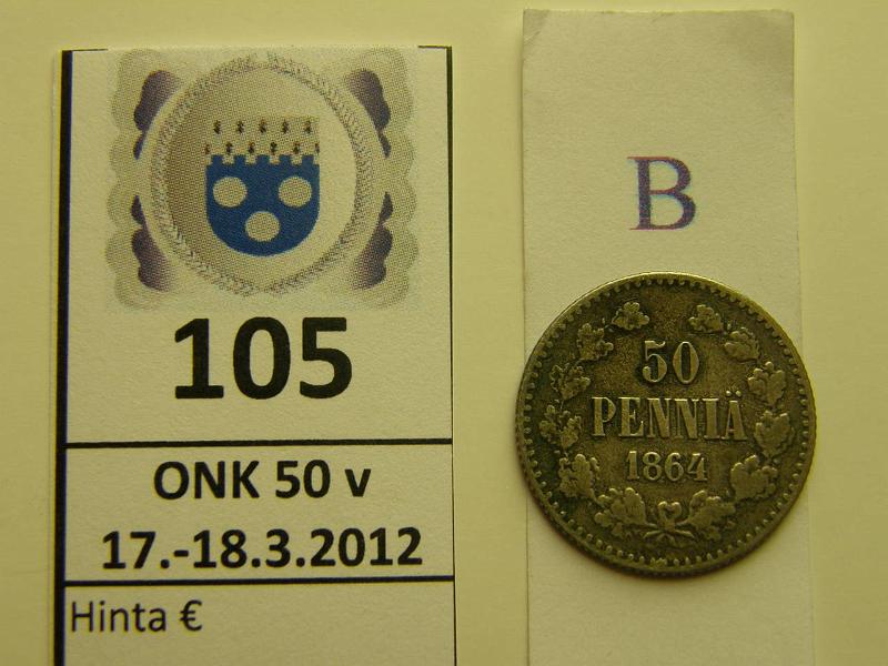 k-0105-b.jpg - Kohde 105 (kuva 2/2), l�ht�hinta: 5 &euro; / myyntihinta: 7 &euro; 50 p 1864 Ag, kunto: 2/3