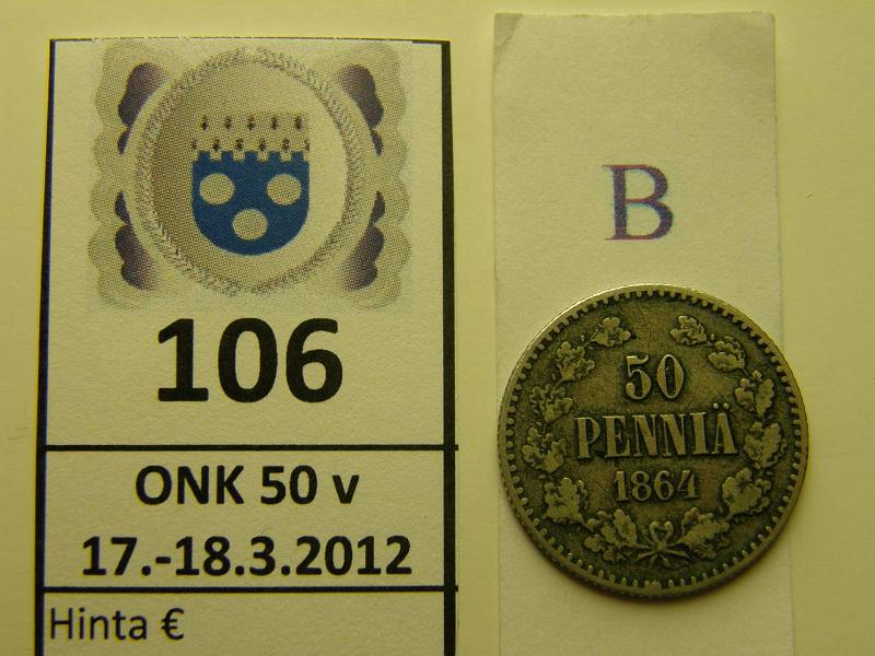 k-0106-b.jpg - Kohde 106 (kuva 2/2), lhthinta: 15 € / myyntihinta: 20 € 50 p 1864 Ag, kunto: 3/4