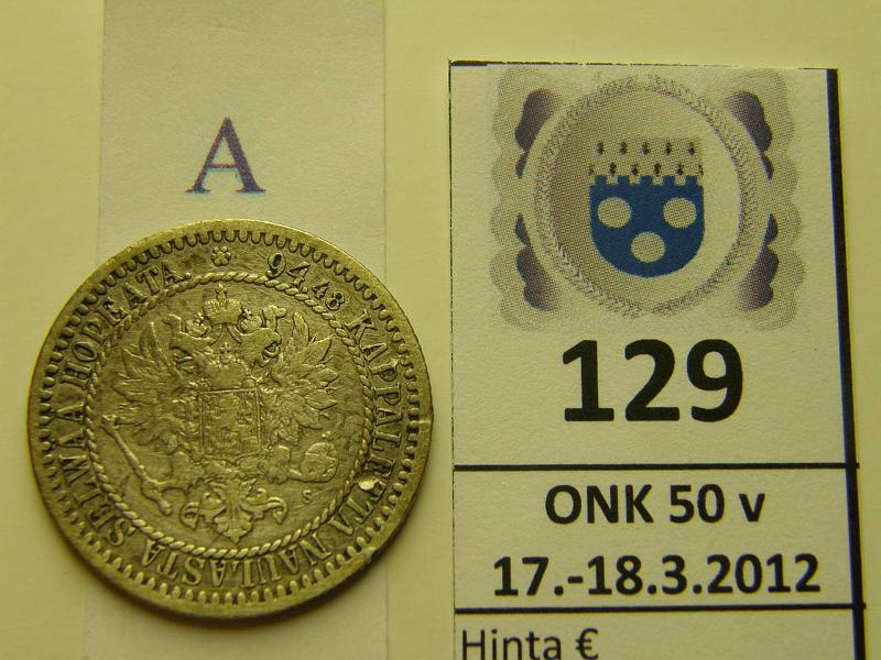 k-0129-a.jpg - Kohde 129 (kuva 1/2), l�ht�hinta: 7 &euro; / myyntihinta: 7 &euro; 1 mk 1865 Ag, SNY 398.2.2 puhd, ij�, nja, kunto: 4