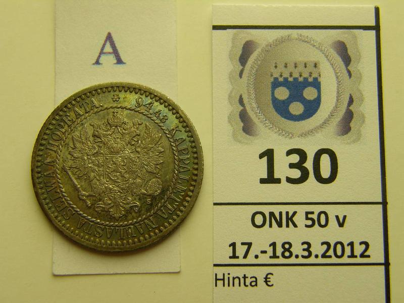 k-0130-a.jpg - Kohde 130 (kuva 1/2), l�ht�hinta: 50 &euro; / myyntihinta: 57 &euro; 1 mk 1865 Ag, SNY 398.2.2 kaunis sateenkaaripatina, leimakiiltoa, kunto: 7