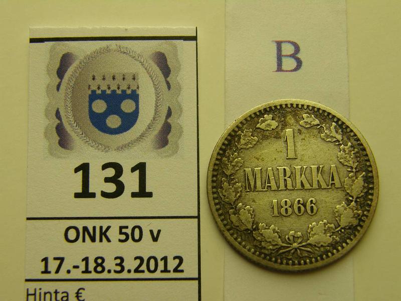 k-0131-b.jpg - Kohde 131 (kuva 2/2), l�ht�hinta: 7 &euro; / myyntihinta: 7 &euro; 1 mk 1866 Ag, SNY 399.2.2, kunto: 3