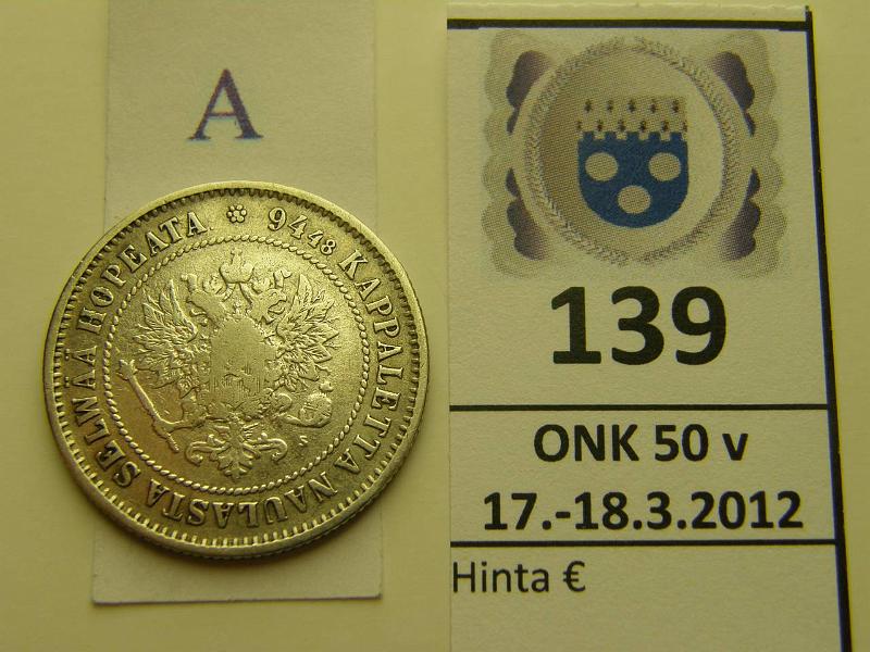 k-0139-a.jpg - Kohde 139 (kuva 1/2), lhthinta: 7 € / myyntihinta: 19 € 1 mk 1872 Ag, SNY 402.1 puhd, kunto: 2/3