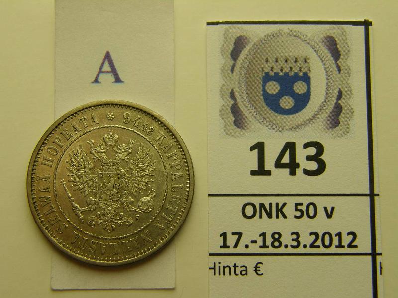 k-0143-a.jpg - Kohde 143 (kuva 1/2), lhthinta: 50 € / myyntihinta: 50 € 1 mk 1874 Ag, hnja, leimakiiltoa, kunto: 7/6