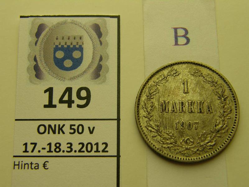 k-0149-b.jpg - Kohde 149 (kuva 2/2), lhthinta: 15 € 1 mk 1907 Ag, nja, kunto: 6/5