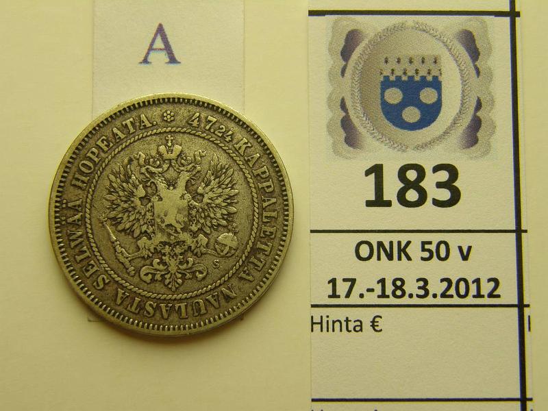k-0183-a.jpg - Kohde 183 (kuva 1/2), l�ht�hinta: 15 &euro; / myyntihinta: 27 &euro; 2 mk 1874 Ag, l.puhd, kunto: 4