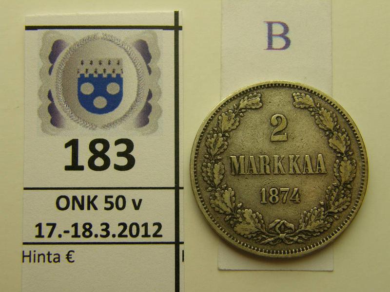 k-0183-b.jpg - Kohde 183 (kuva 2/2), l�ht�hinta: 15 &euro; / myyntihinta: 27 &euro; 2 mk 1874 Ag, l.puhd, kunto: 4