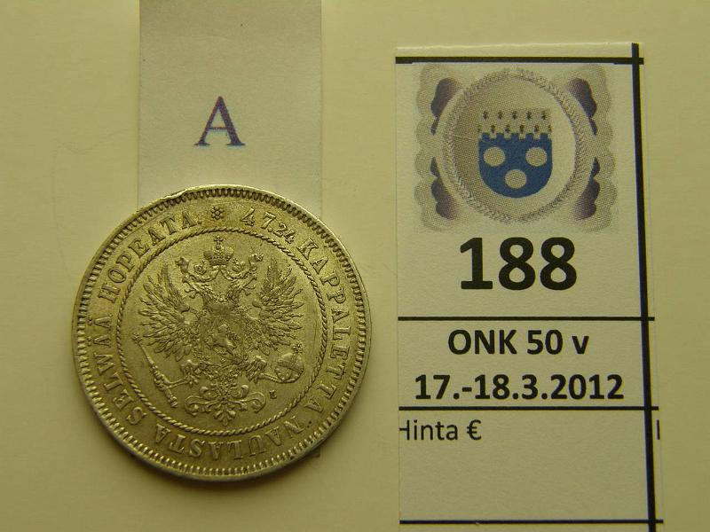 k-0188-a.jpg - Kohde 188 (kuva 1/2), lhthinta: 40 € / myyntihinta: 40 € 2 mk 1906 Ag, SNY 500.1 (pitk /), eprv, kunto: 6