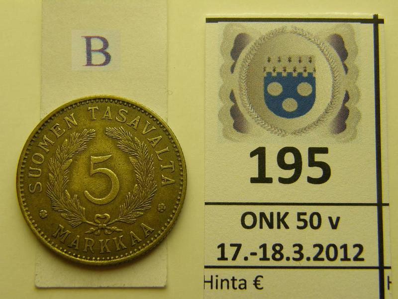k-0195-b.jpg - Kohde 195 (kuva 2/2), l�ht�hinta: 50 &euro; / myyntihinta: 60 &euro; 5 mk 1928 , kunto: 5