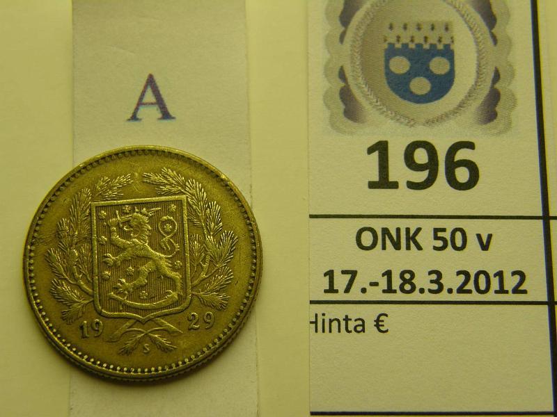 k-0196-a.jpg - Kohde 196 (kuva 1/2), l�ht�hinta: 50 &euro; / myyntihinta: 82 &euro; 5 mk 1929 eprv, pmv, kunto: 5