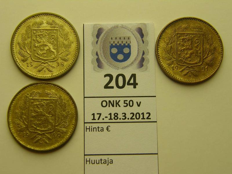 k-0204-a.jpg - Kohde 204, l�ht�hinta: 5 &euro; / myyntihinta: 12 &euro; 5 mk Er� (3) 1938, 49, 51, leimakiiltoisia, kunto: 7-8