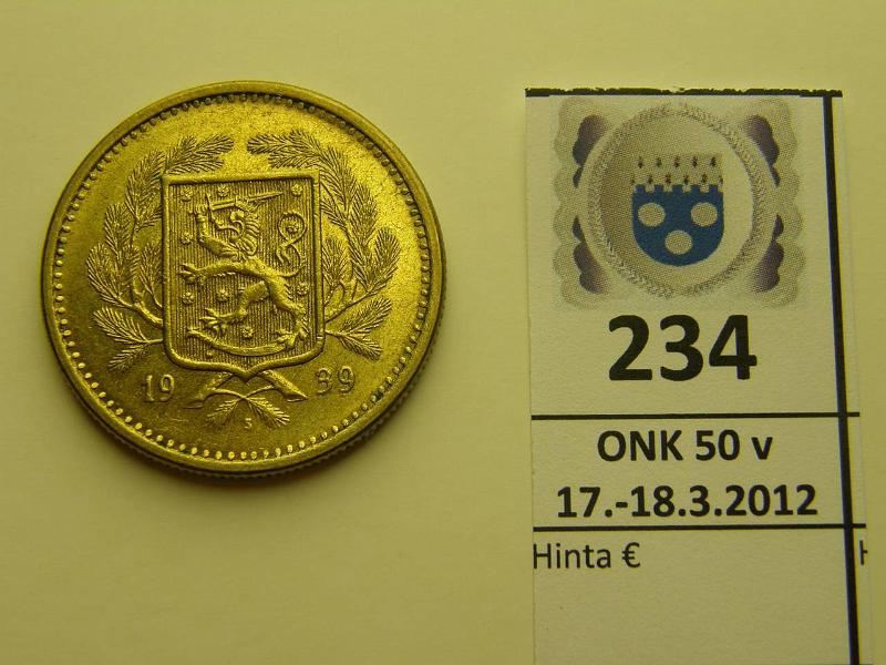 k-0234-a.jpg - Kohde 234, l�ht�hinta: 25 &euro; / myyntihinta: 36 &euro; 20 mk 1939 kaunis!, kunto: 9