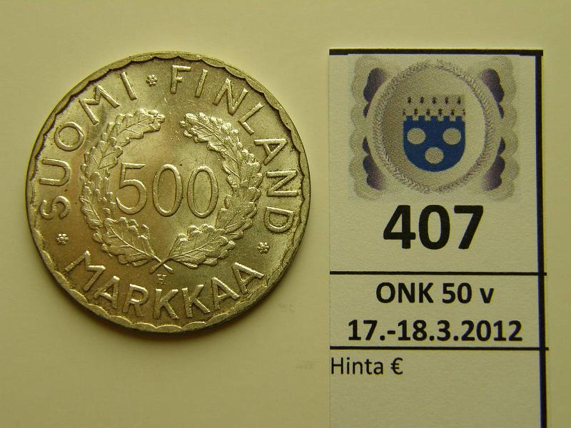 k-0407-a.jpg - Kohde 407, lhthinta: 18 € / myyntihinta: 20 € 500 mk 1952 Ag, SNY 656.1, kunto: 8