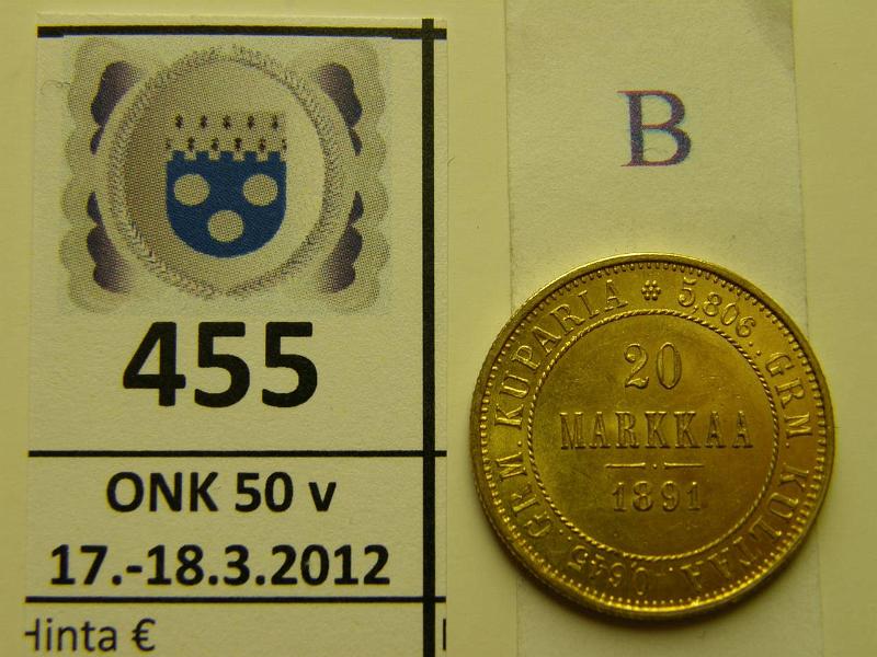 k-0455-b.jpg - Kohde 455 (kuva 2/2), lhthinta: 400 € / myyntihinta: 650 € 20 mk 1891 Au, kunto: 8