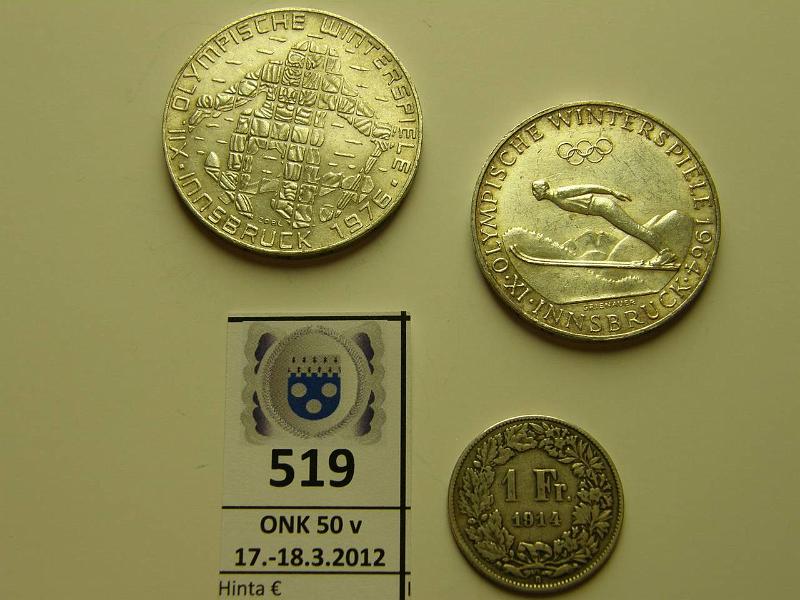 k-0519-a.jpg - Kohde 519, l�ht�hinta: 15 &euro; / myyntihinta: 21 &euro; Sveitsi/It�valta (3) 1914-76 KM#24, 2896, 2931 Ag, Sveitsi 1fr 1914(kl4), It�valta 50sch 1964(kl7) ja 100sch 1976(kl5, rvja), kunto: 4-6