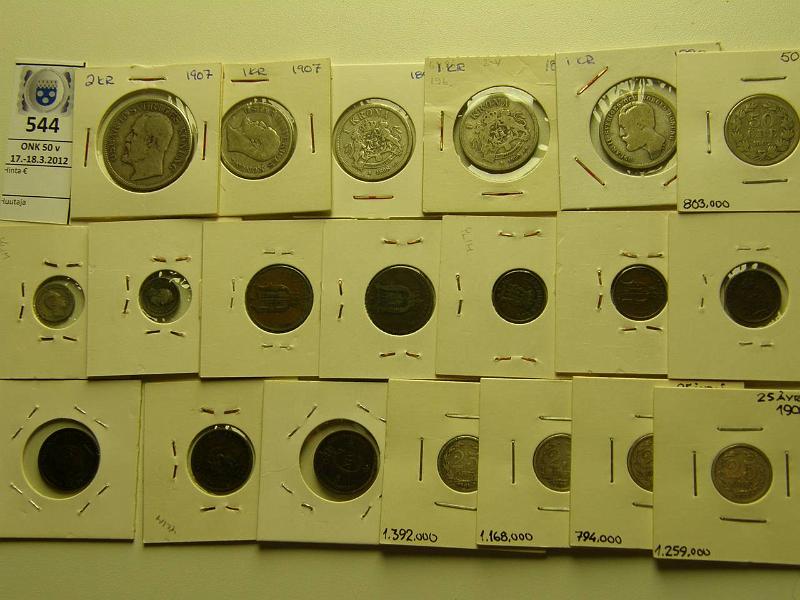 k-0544-a.jpg - Kohde 544, lhthinta: 25 € / myyntihinta: 32 € 1/3 sk-2 kr (20) 1836-1907 1/3 sk.banco 1836; 1r 1858, 67, 1901, 03, 07; 2r 1875, 77; 10r 1864, 65; 25r 1881, 85, 96, 1902; 50r 1907; 1kr 1880, 89, 98, 1907; 2kr 1907, kunto: 2-5
