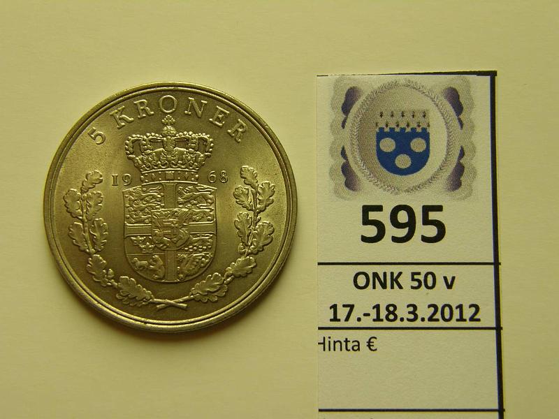 k-0595-a.jpg - Kohde 595, lhthinta: 5 € Tanska 5 kr 1968 KM#583.1 CuNi, kunto: 9