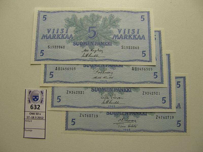 k-0632-a.jpg - Kohde 632, lhthinta: 15 € / myyntihinta: 17 € 5 mk 1963 ei Litt (4) SNY 135.1 Z(2), S, AB-sarjat VAL-Luu, SIM-He, KA I-Luu, KU I-Pu1, kunto: 8-9