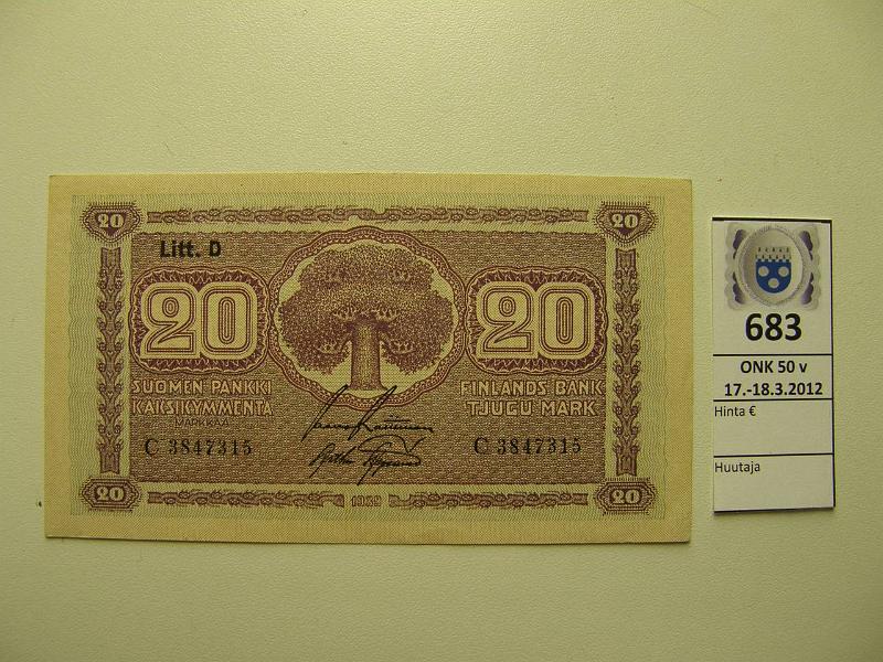 k-0683-a.jpg - Kohde 683, lhthinta: 5 € / myyntihinta: 23 € 20 mk 1939 LD SNY 159.2 C3847315 RAI-AAs, kunto: 8