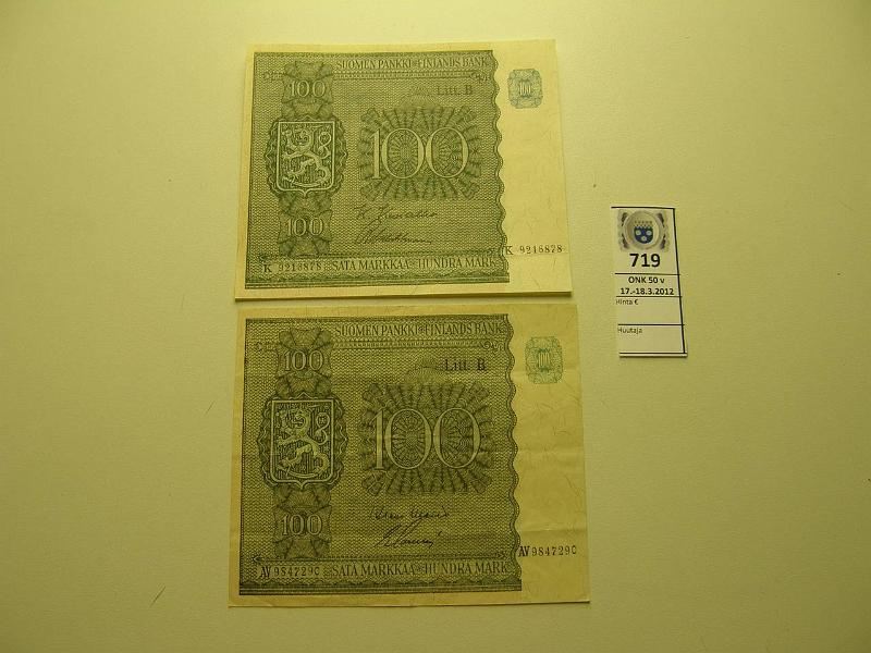 k-0719-a.jpg - Kohde 719, lhthinta: 15 € / myyntihinta: 32 € 100 mk 1945 LB (2) SNY 180.2 K9216878 KIV-Wah (kl 8), AV9847290 WAR-Sac (kl 4) harvinaisempi allek. (v), kunto: 8,4