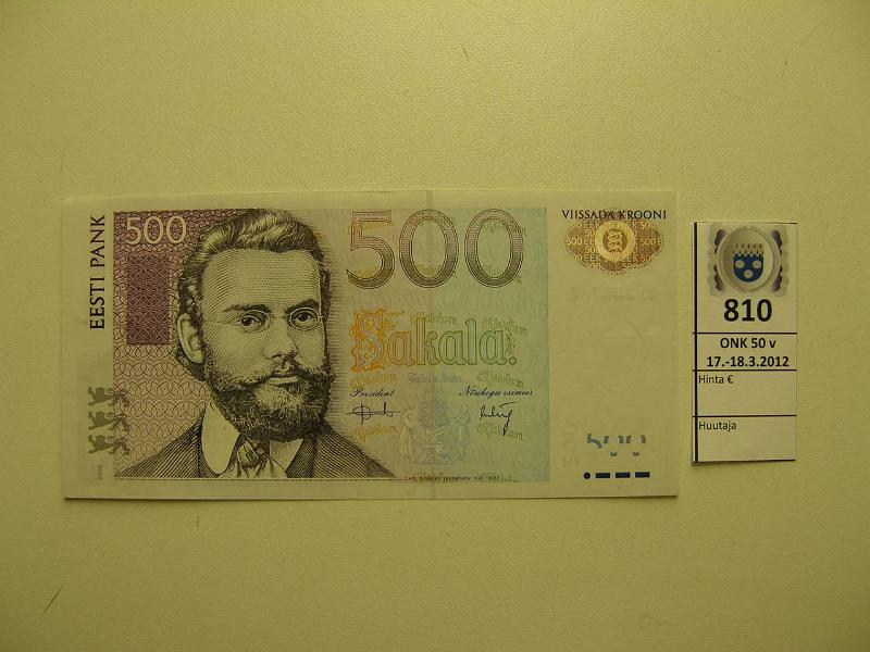 k-0810-a.jpg - Kohde 810, l�ht�hinta: 35 &euro; / myyntihinta: 35 &euro; Eesti 500 kr 2000 Pick#83 BK200962, kunto: 8